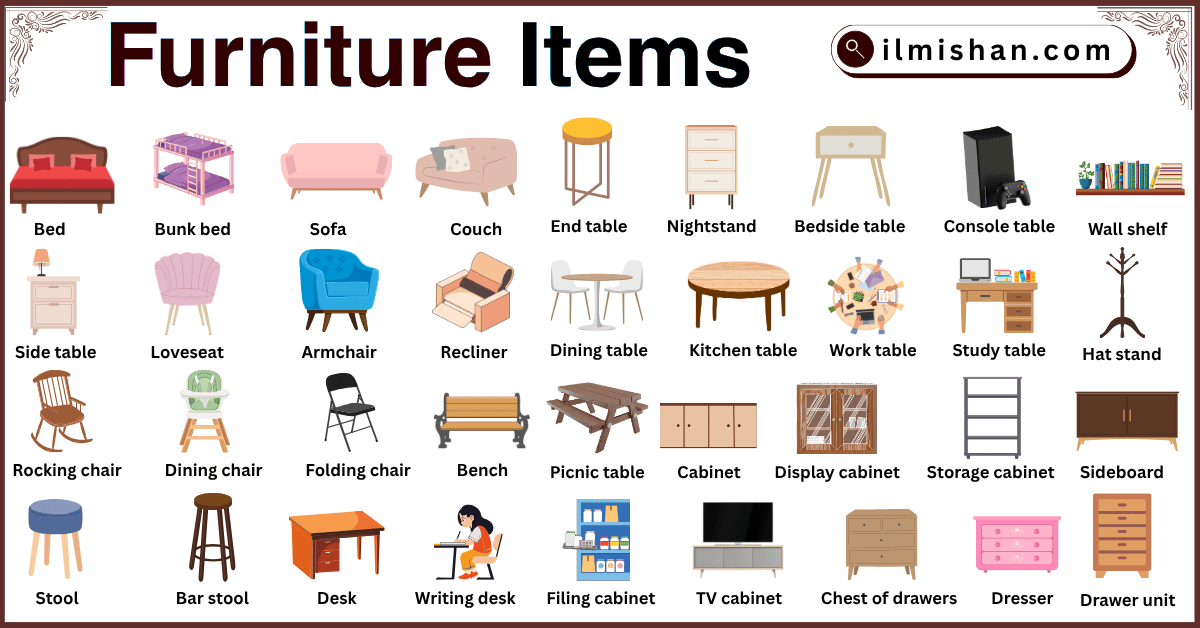 List of Common Furniture Items Vocabulary in English with Pictures
