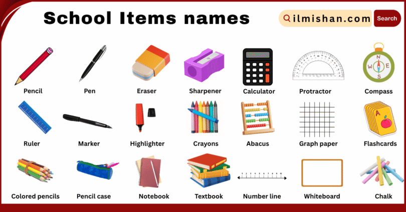 School Items names for kids in English with Picture