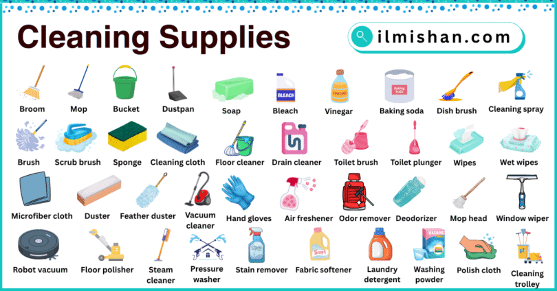 Cleaning Supplies names in English with their Pictures