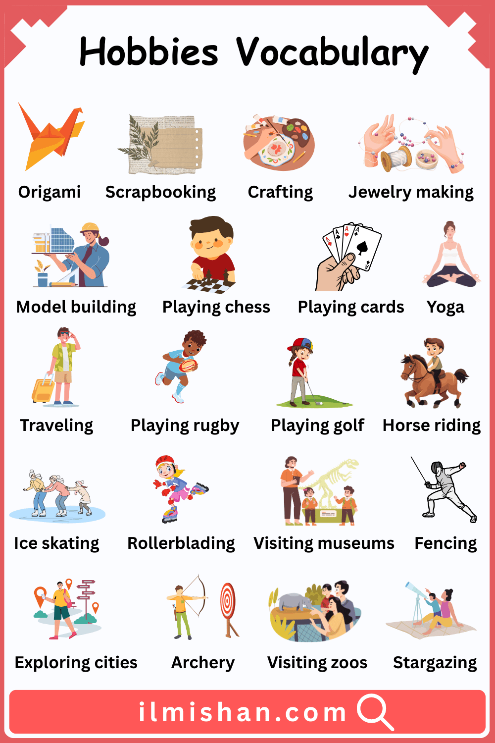 Hobbies vocabulary words and their Pictures