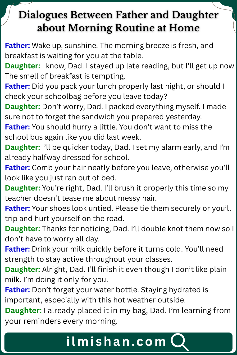 Dialogues Between Father and Daughter about Morning Routine at Home