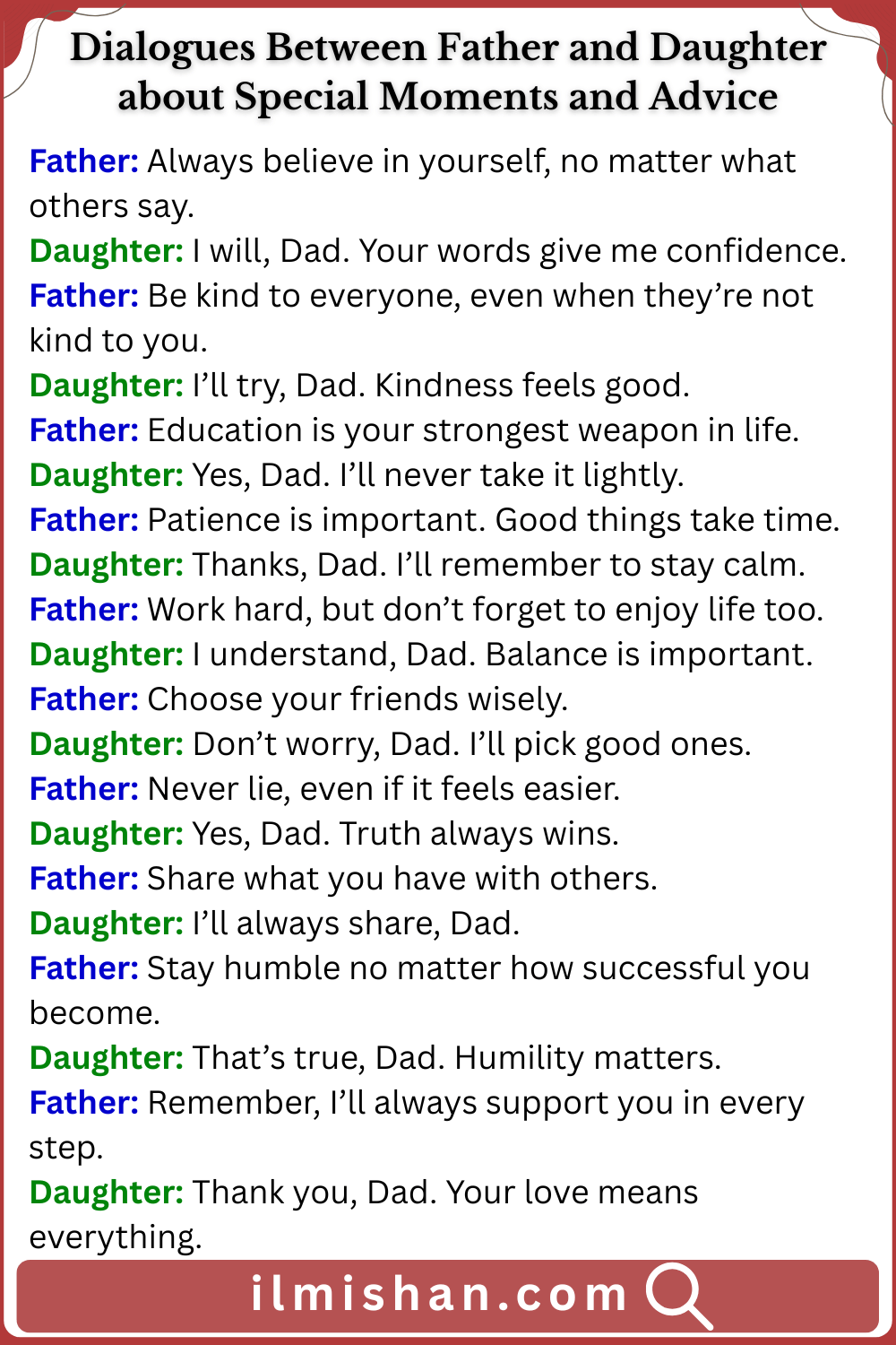 Dialogues Between Father and Daughter about Special Moments and Advice