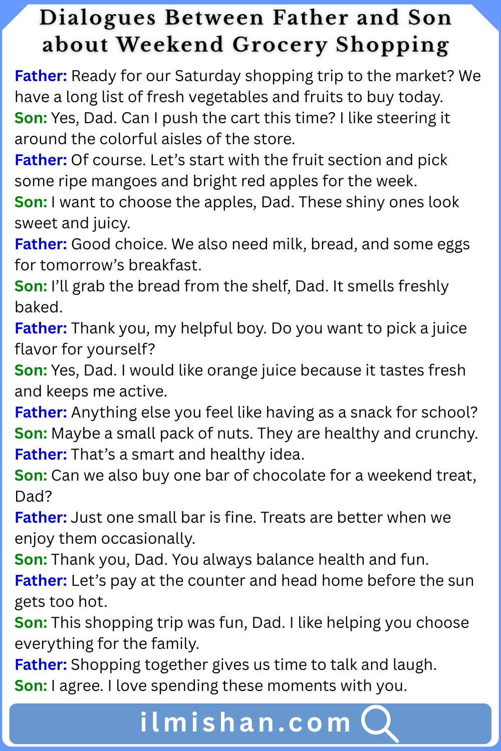 Dialogues Between Father and Son about Weekend Grocery Shopping