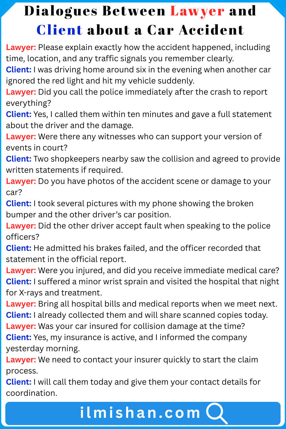 Dialogues Between Lawyer and Client about a Car Accident