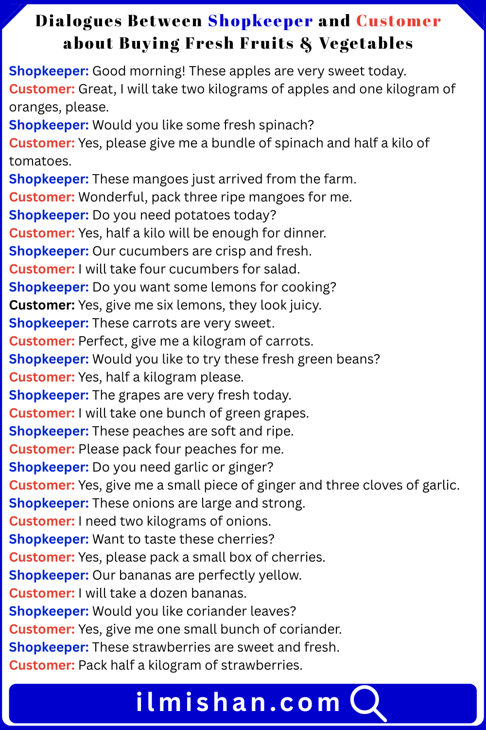 Dialogues Between Shopkeeper and Customer about Buying Fresh Fruits & Vegetables