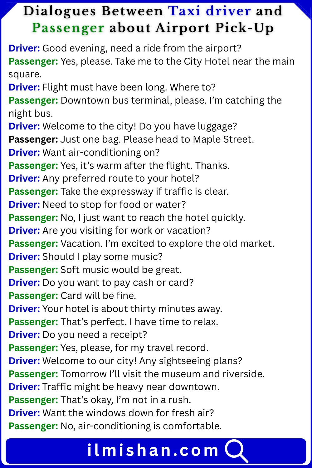 Dialogues Between Taxi driver and Passenger about Airport Pick-Up