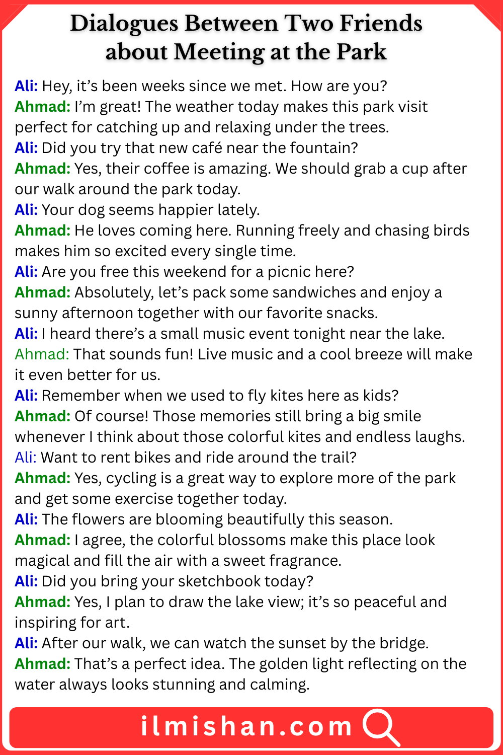 Dialogues Between Two Friends about Meeting at the Park