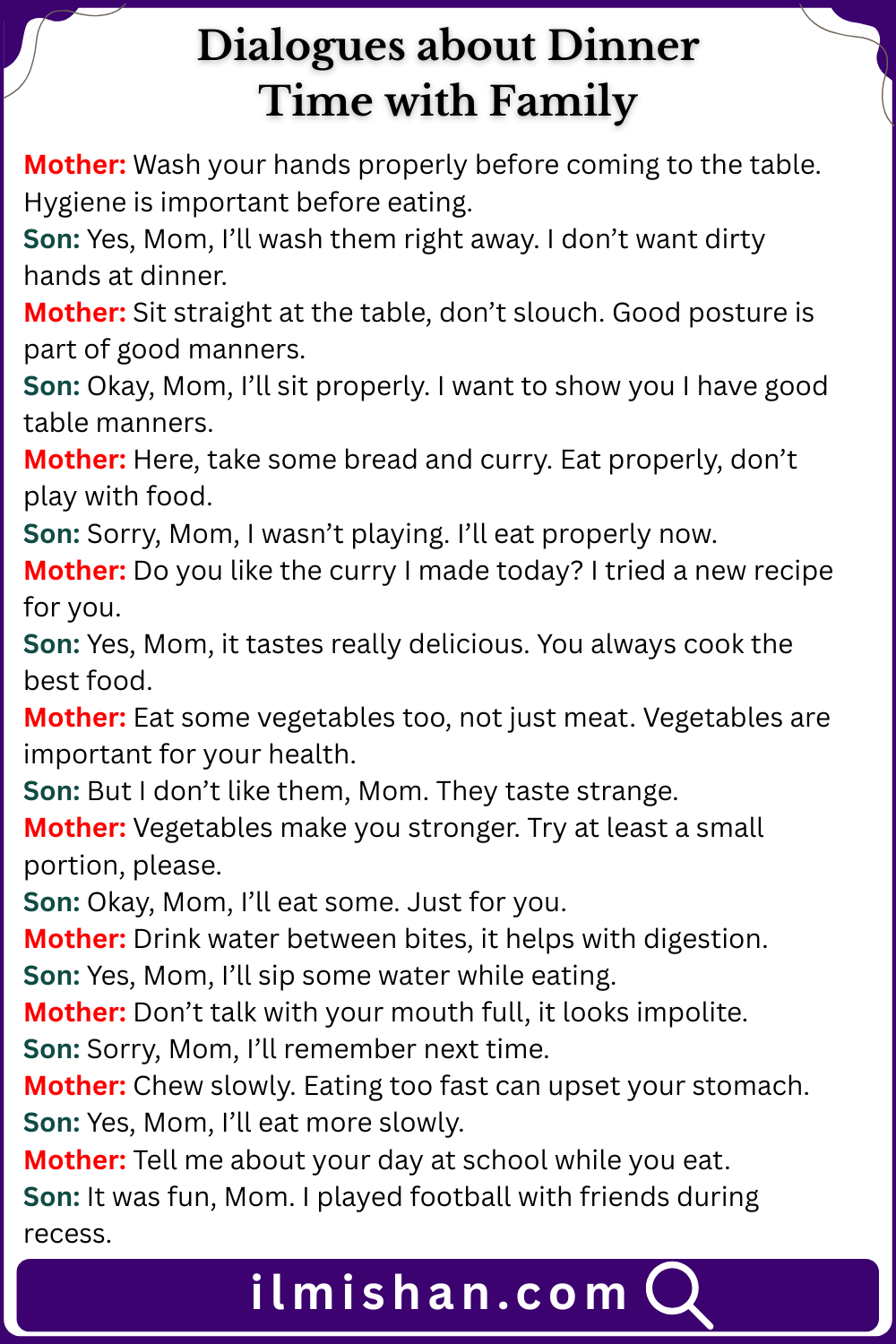 Dialogues about Dinner Time with Family