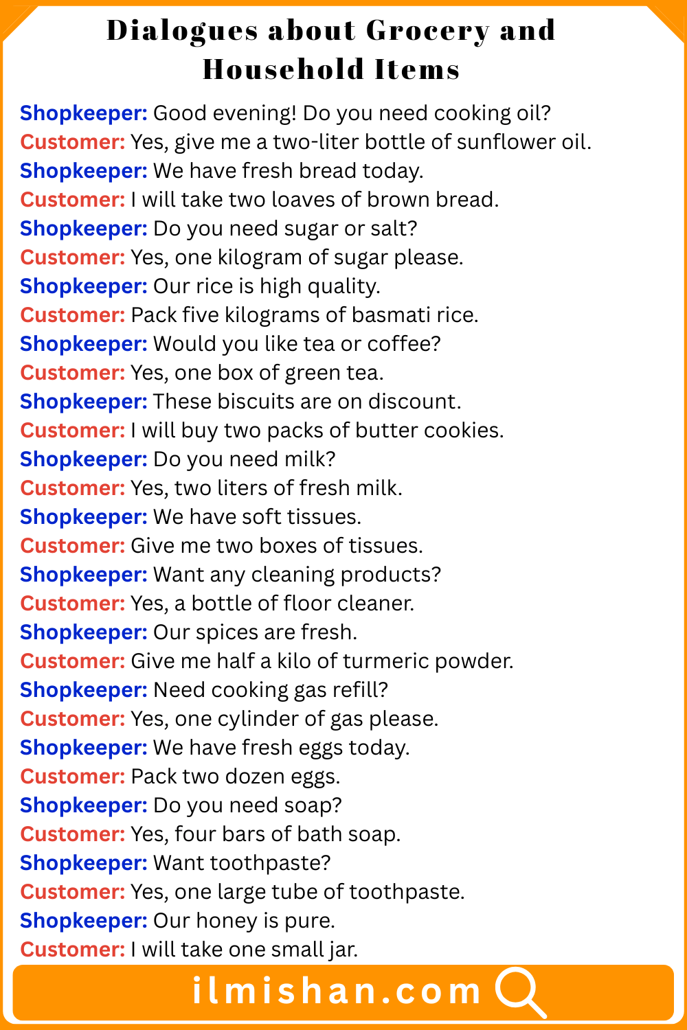 Dialogues about Grocery and Household Items