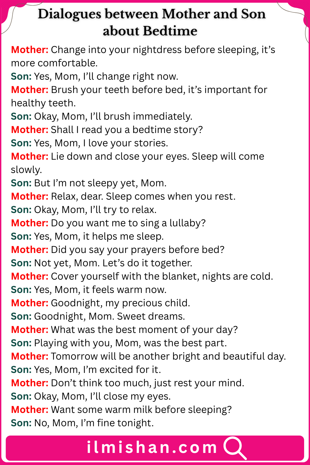 Dialogues between Mother and Son about Bedtime