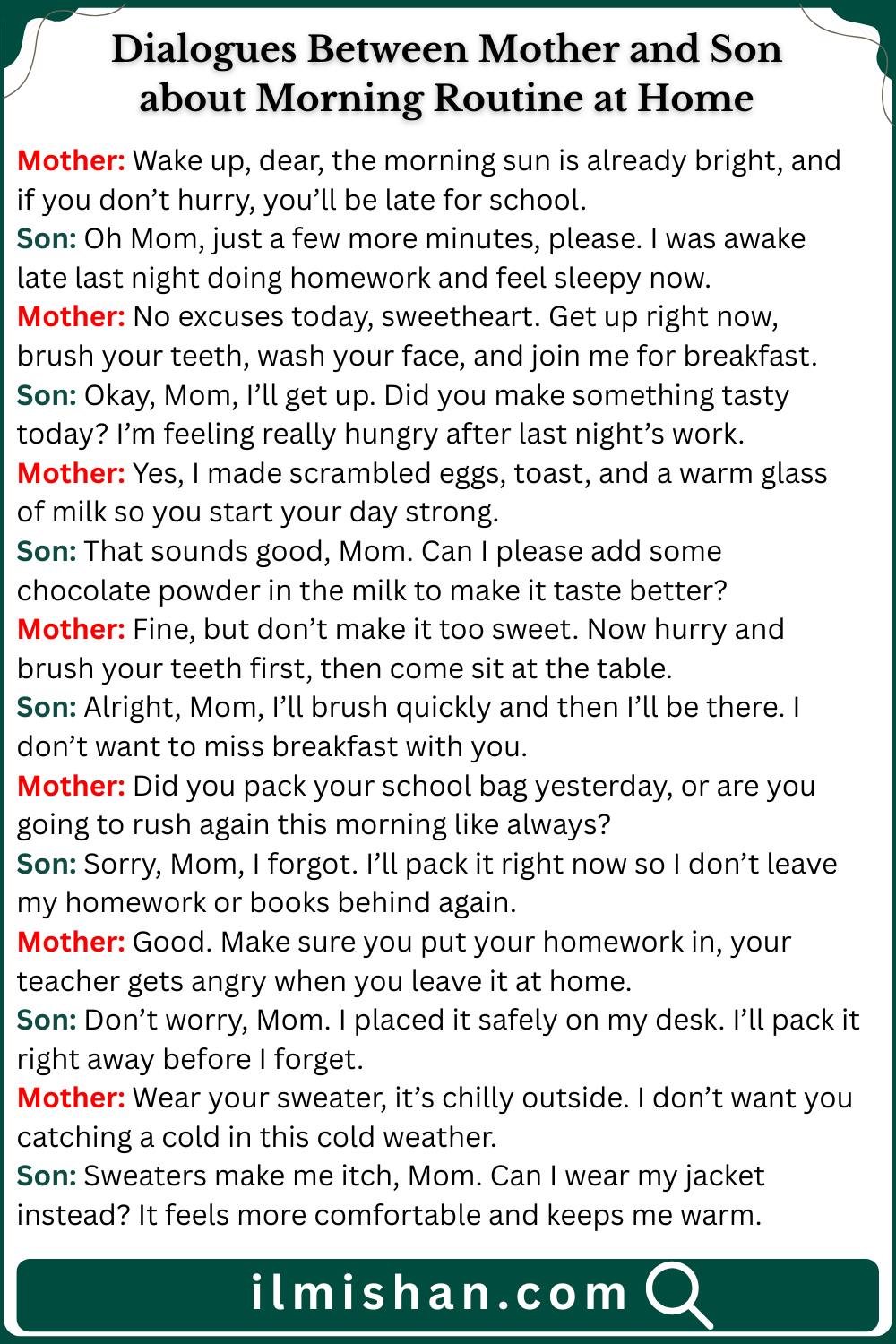 Dialogues Between Mother and Son about Morning Routine at Home