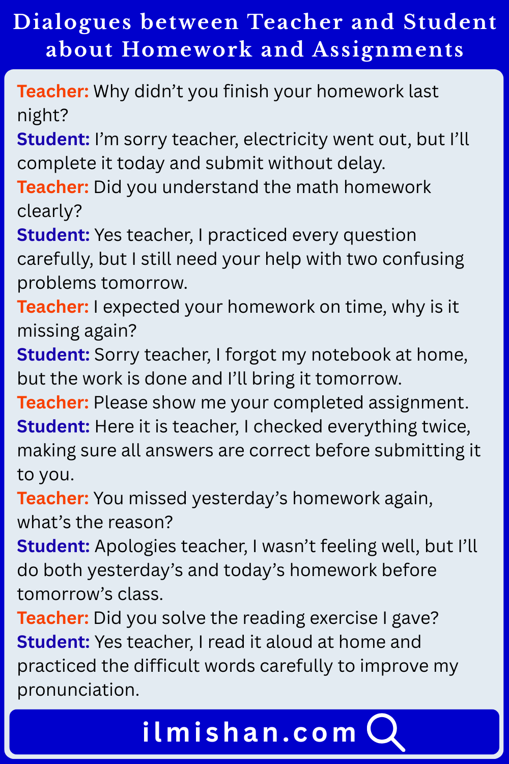 Dialogues between Teacher and Student about Homework and Assignments