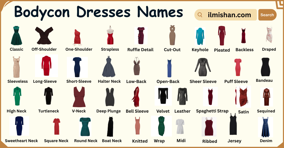 Types of Bodycon Dresses Names in English and Pictures