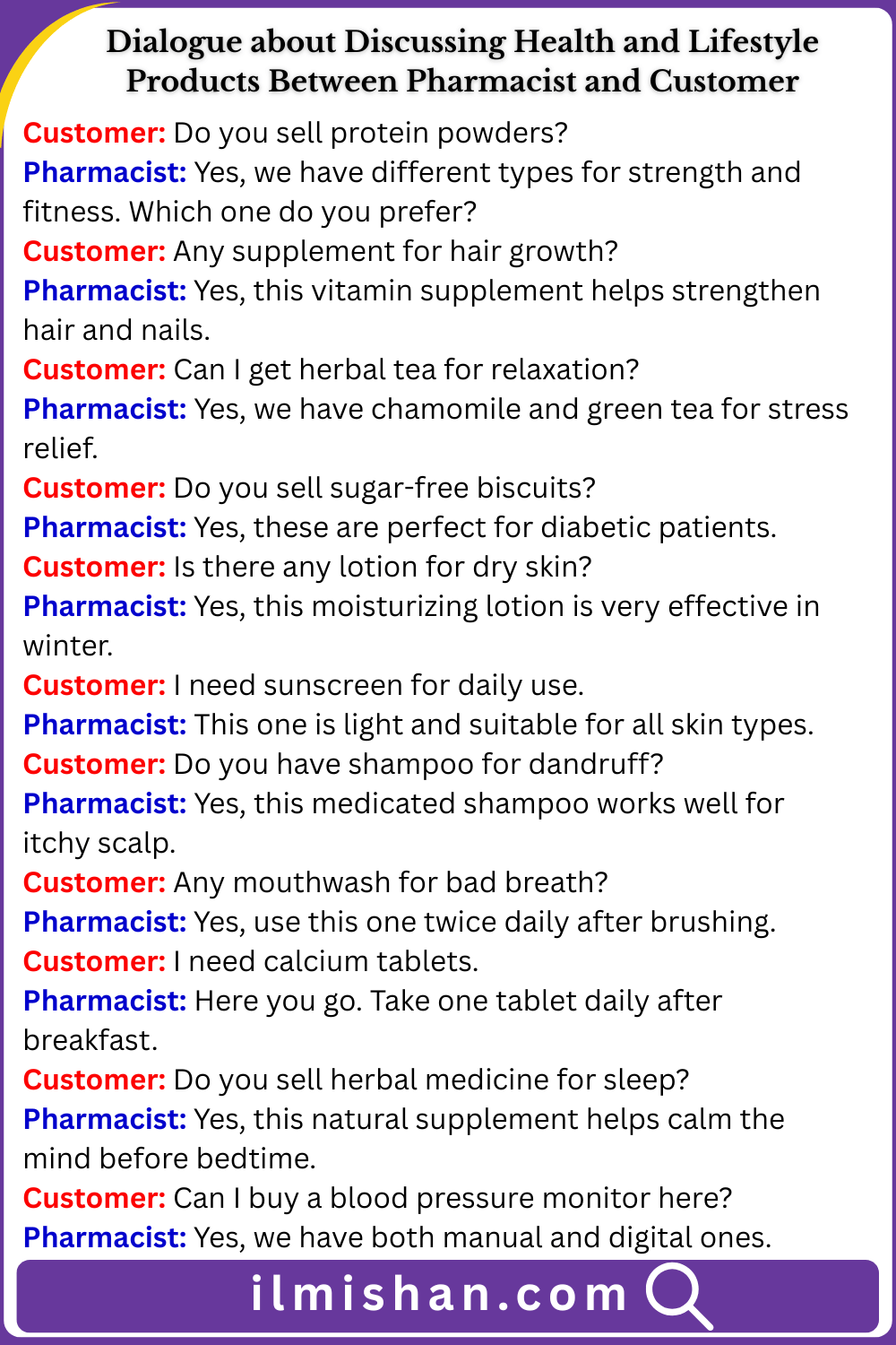 Dialogue about Discussing Health and Lifestyle Products Between Pharmacist and Customer