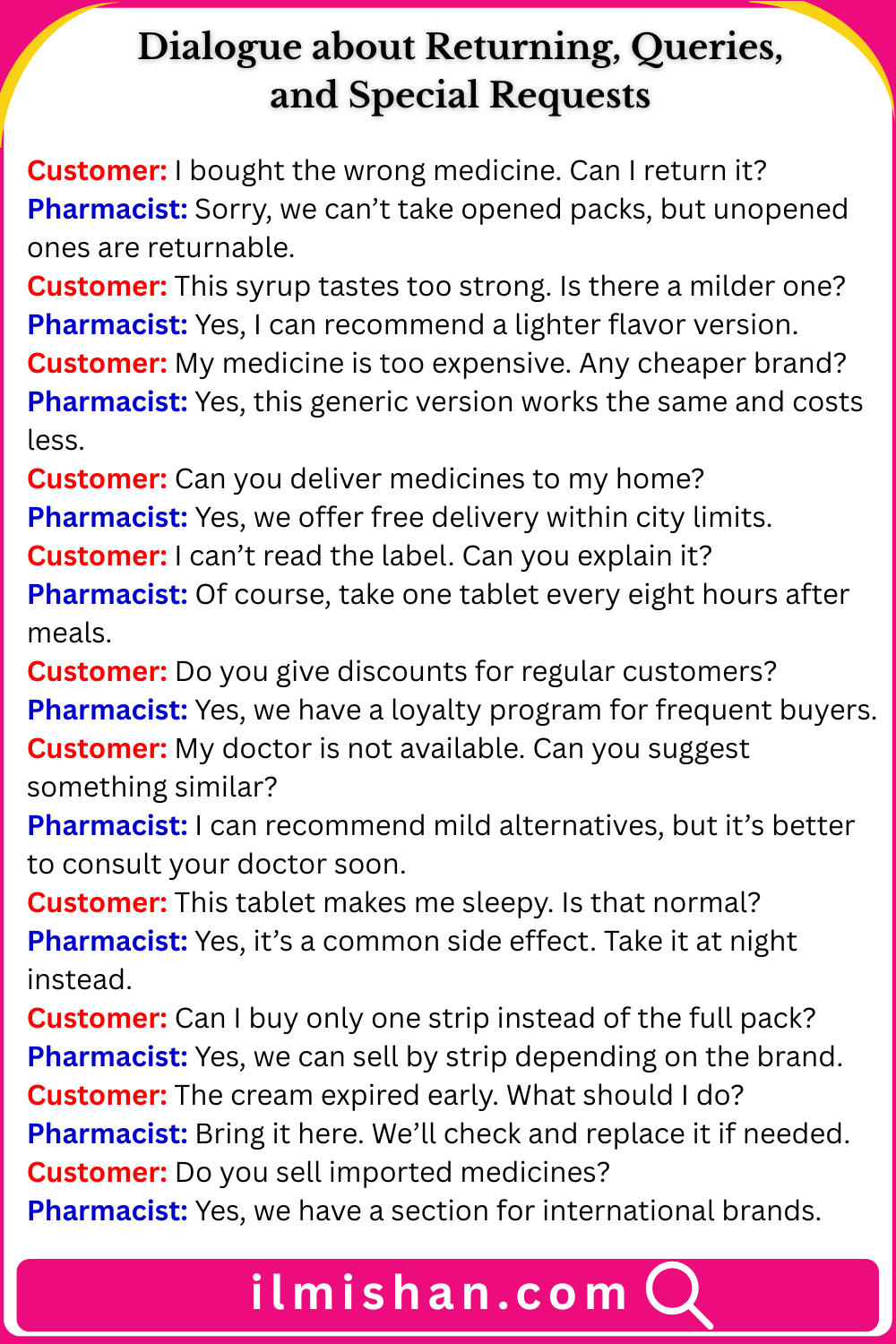 Dialogue about Returning, Queries, and Special Requests