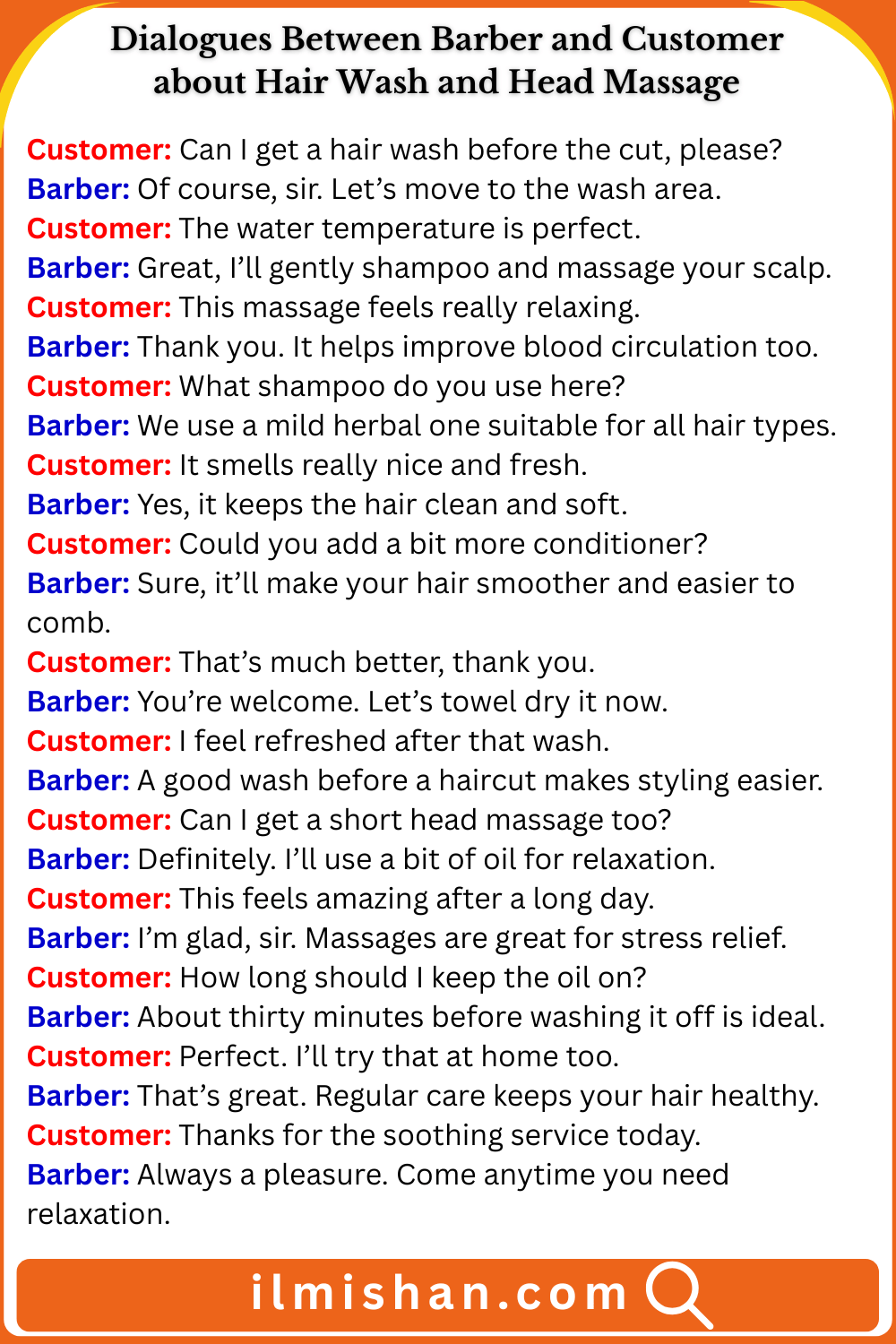 Dialogues Between Barber and Customer about Hair Wash and Head Massage