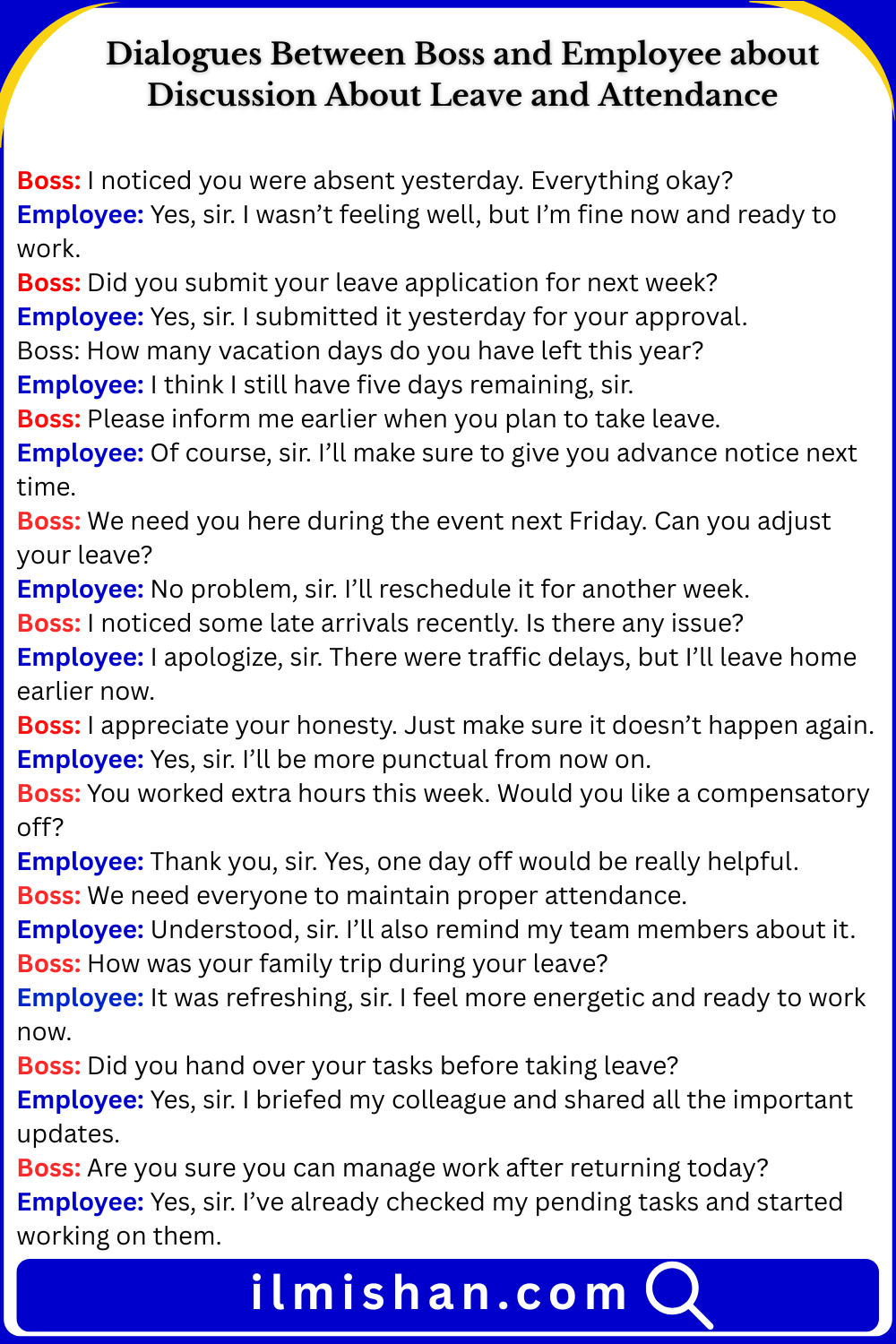 Dialogues Between Boss and Employee about Discussion About Leave and Attendance