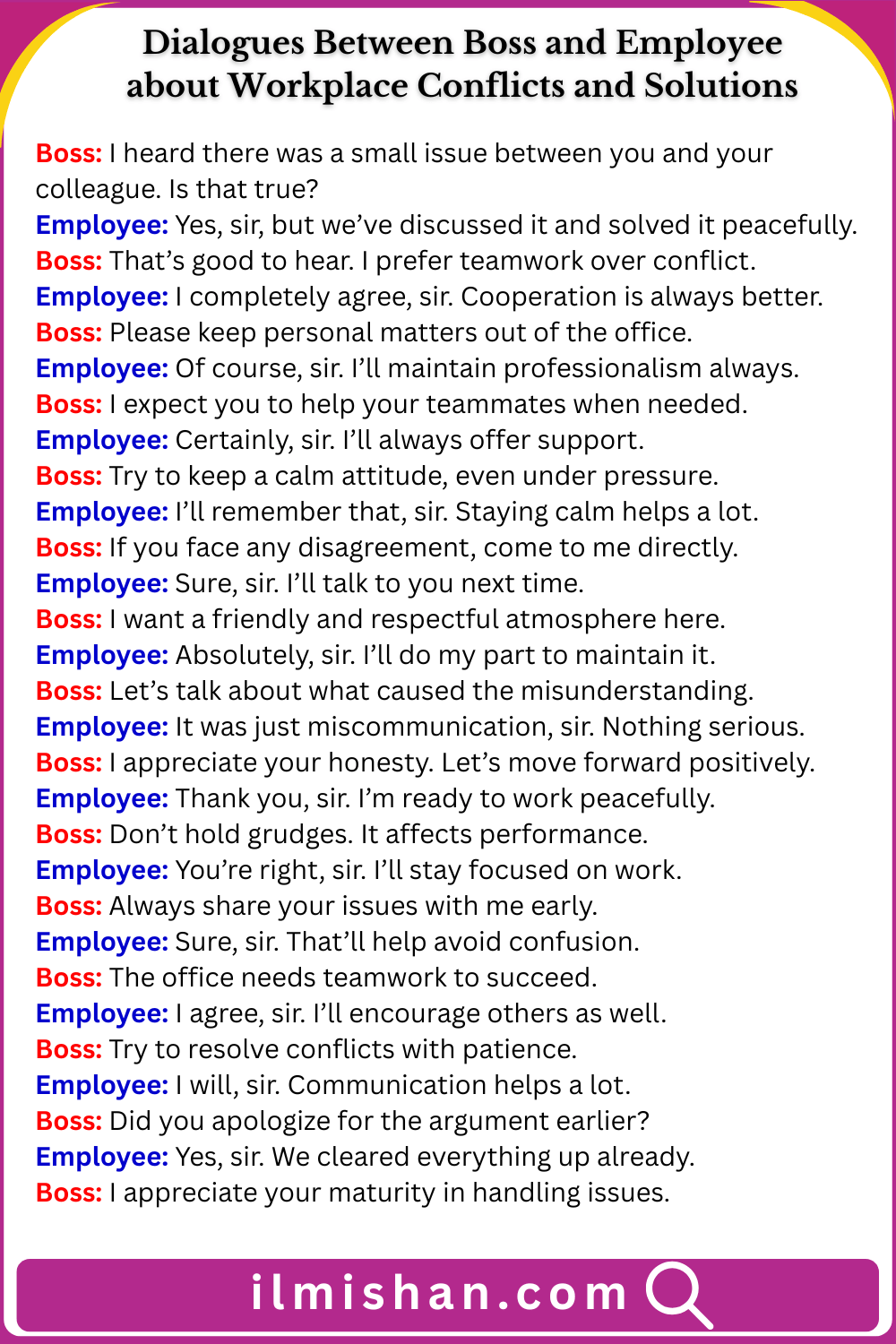 Dialogues Between Boss and Employee about Workplace Conflicts and Solutions