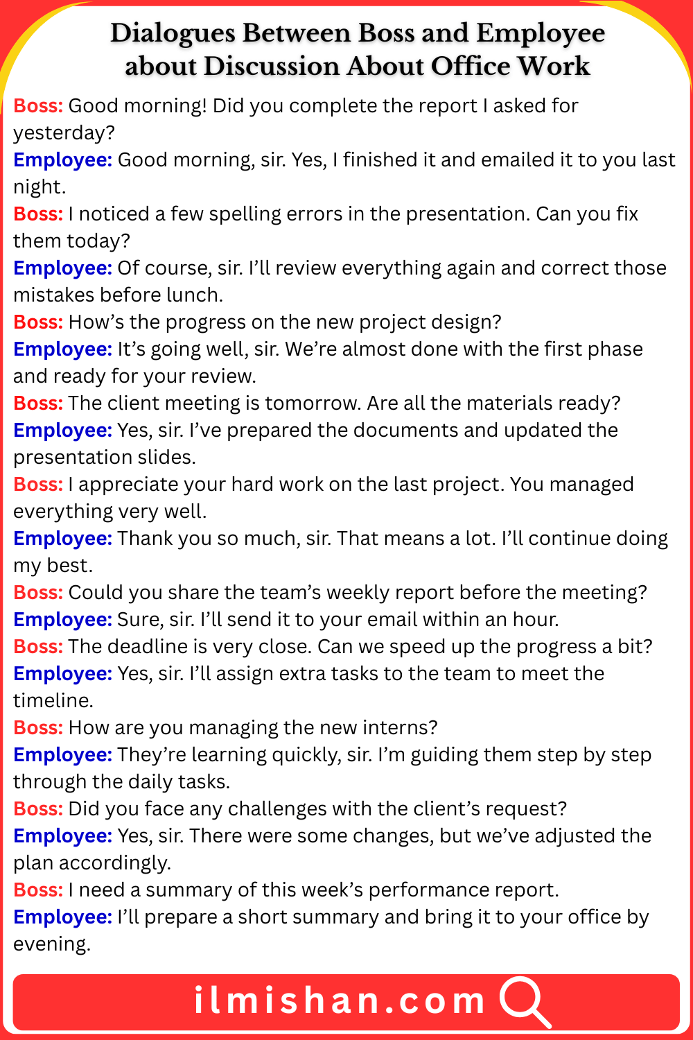 Dialogues Between Boss and Employee about Discussion About Office Work