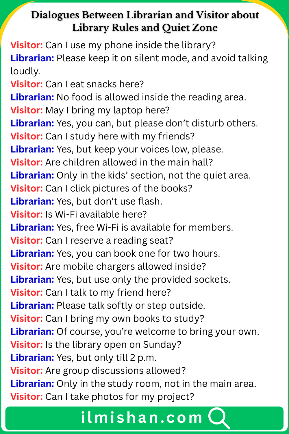 Dialogues Between Librarian and Visitor about Library Rules and Quiet Zone