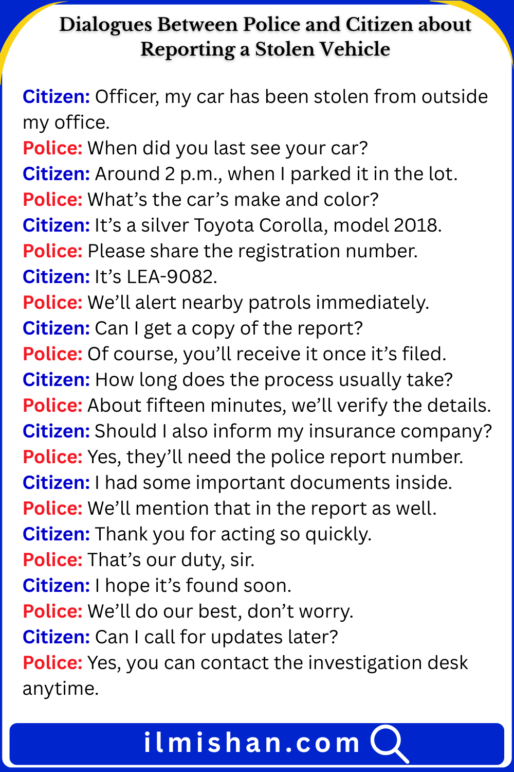 Dialogues Between Police and Citizen about Reporting a Stolen Vehicle