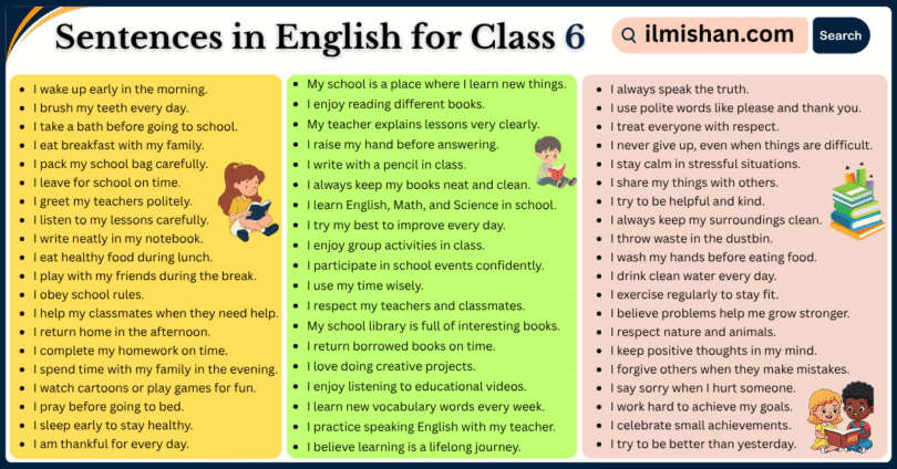 100 Sentences in English for Class 6 with Their Pictures